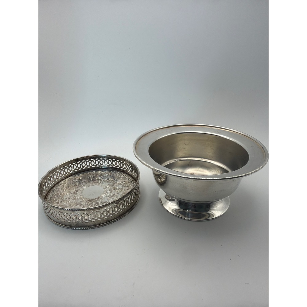 Vintage Silver Plated Made in England Footed Bowl and Pierced Bottle Coaster Set